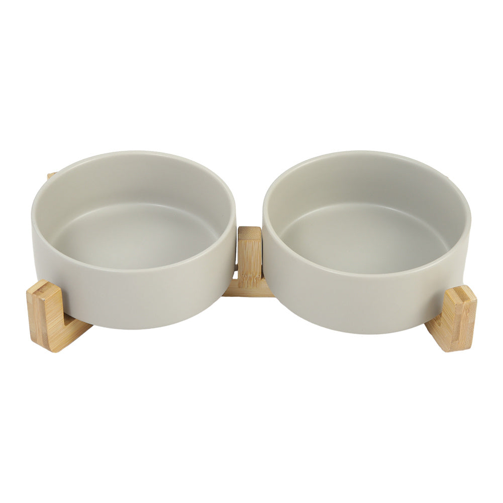 Double Ceramic Cat Bowl with Bamboo Stand-Grey