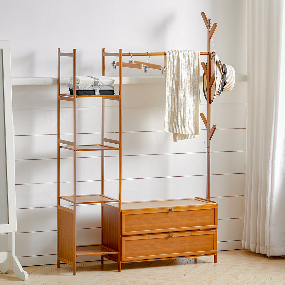 Freestanding Bamboo Clothes Rack with Storage Shelves