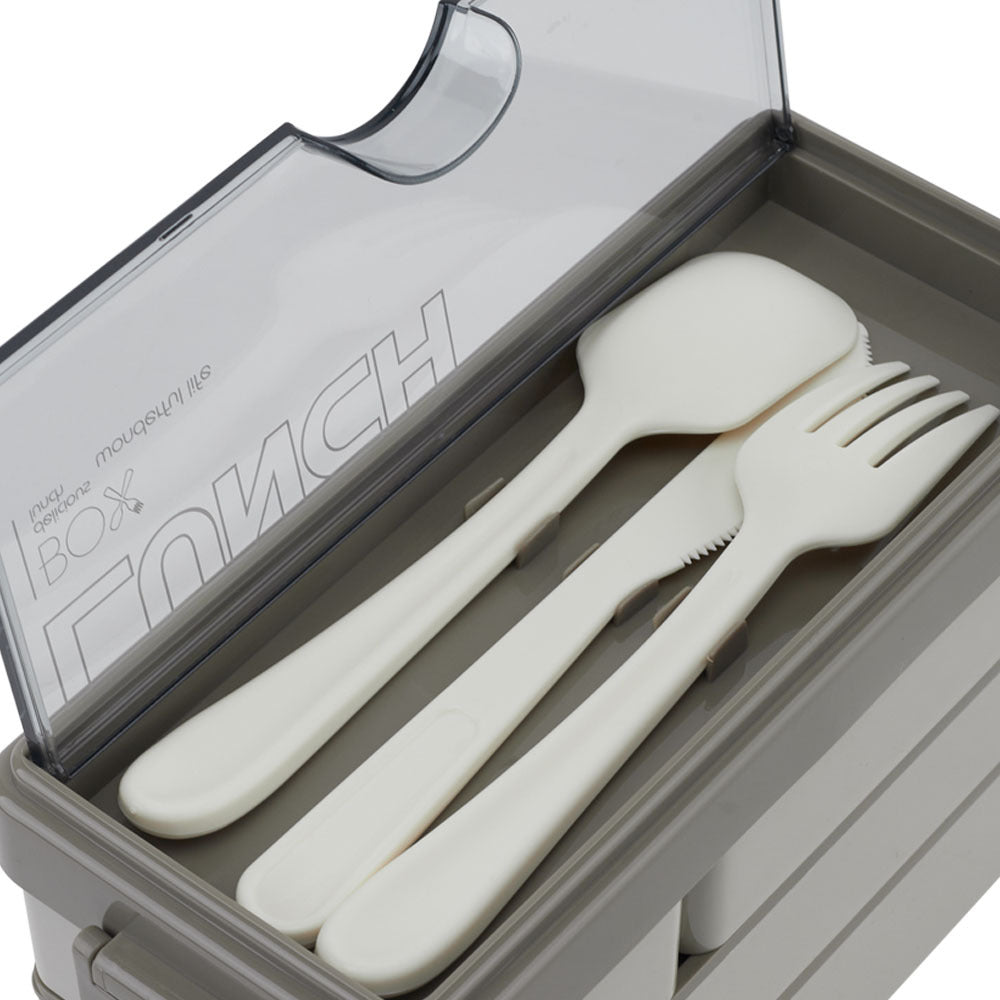 Dual-Layer Plastic Bento Lunch Box with Cutlery