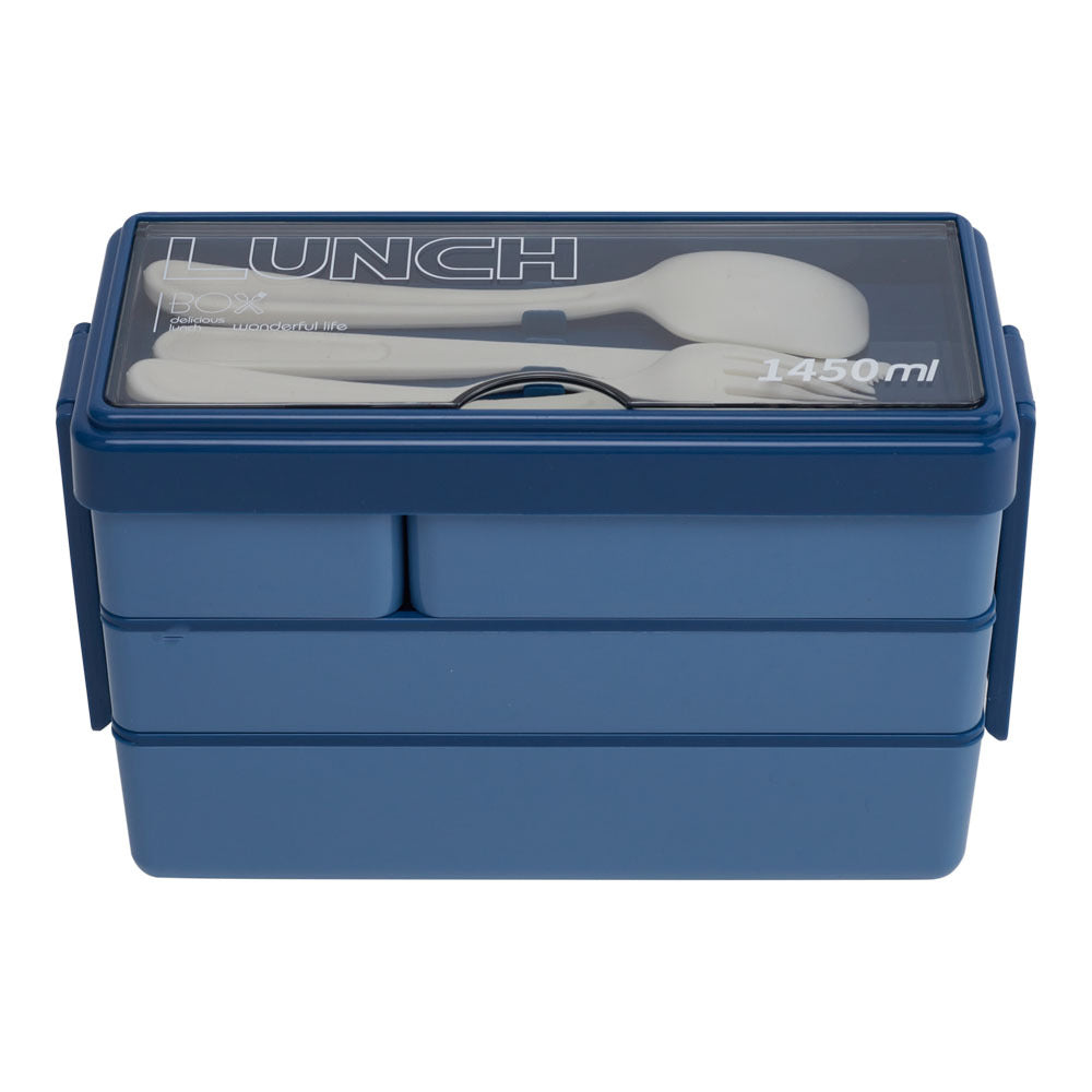 Bento-Style Plastic Lunch Box with Cutlery 3-Layer