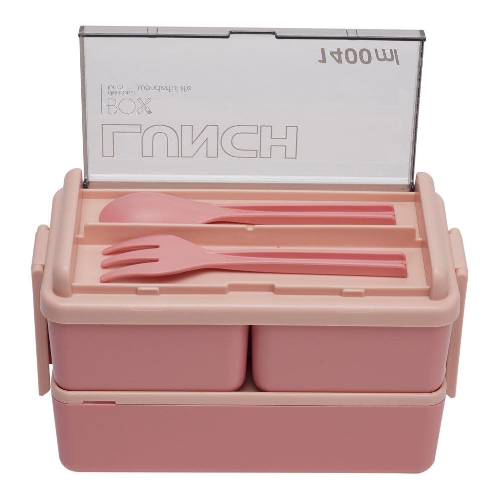 Dual-Layer Plastic Bento Lunch Box with Cutlery