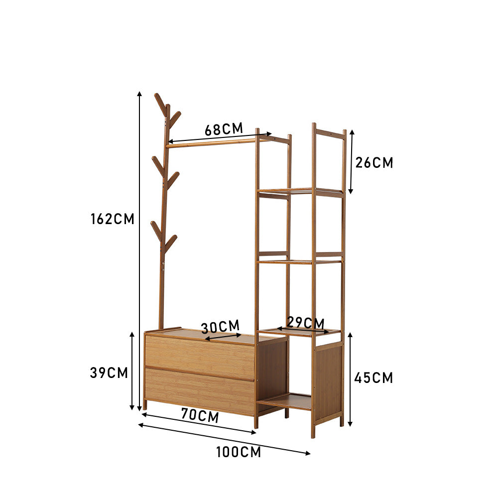 Freestanding Bamboo Clothes Rack with Storage Shelves