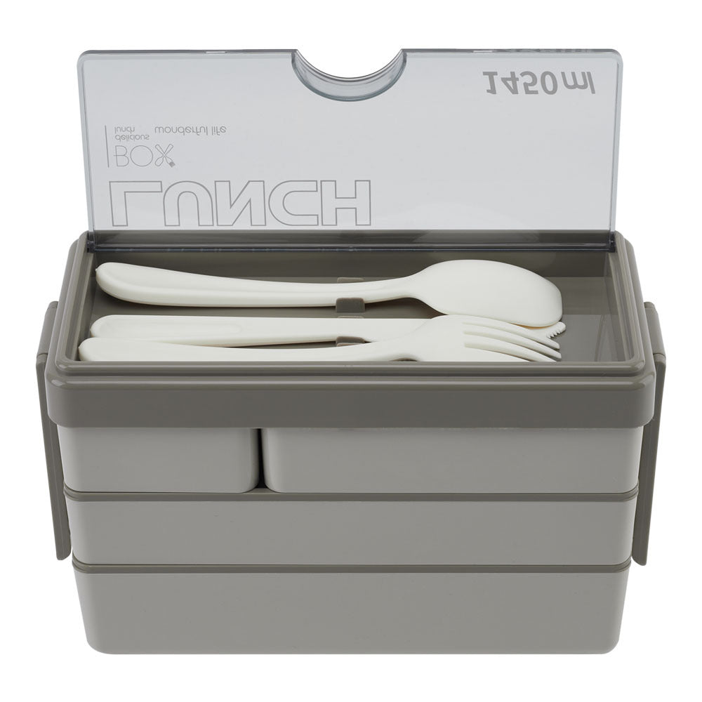 Dual-Layer Plastic Bento Lunch Box with Cutlery