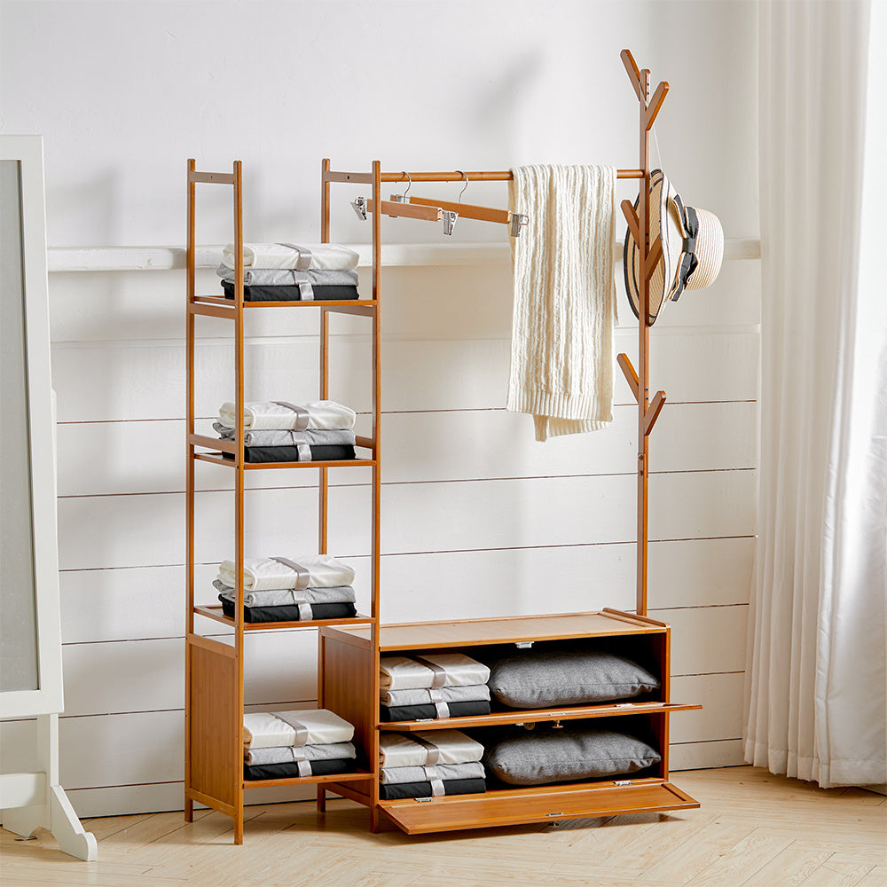 Freestanding Bamboo Clothes Rack with Storage Shelves