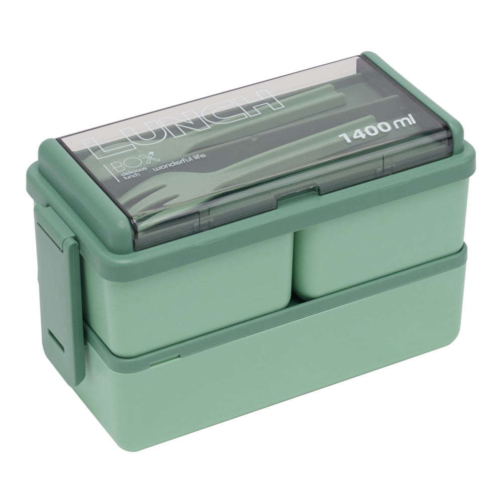 Dual-Layer Plastic Bento Lunch Box with Cutlery