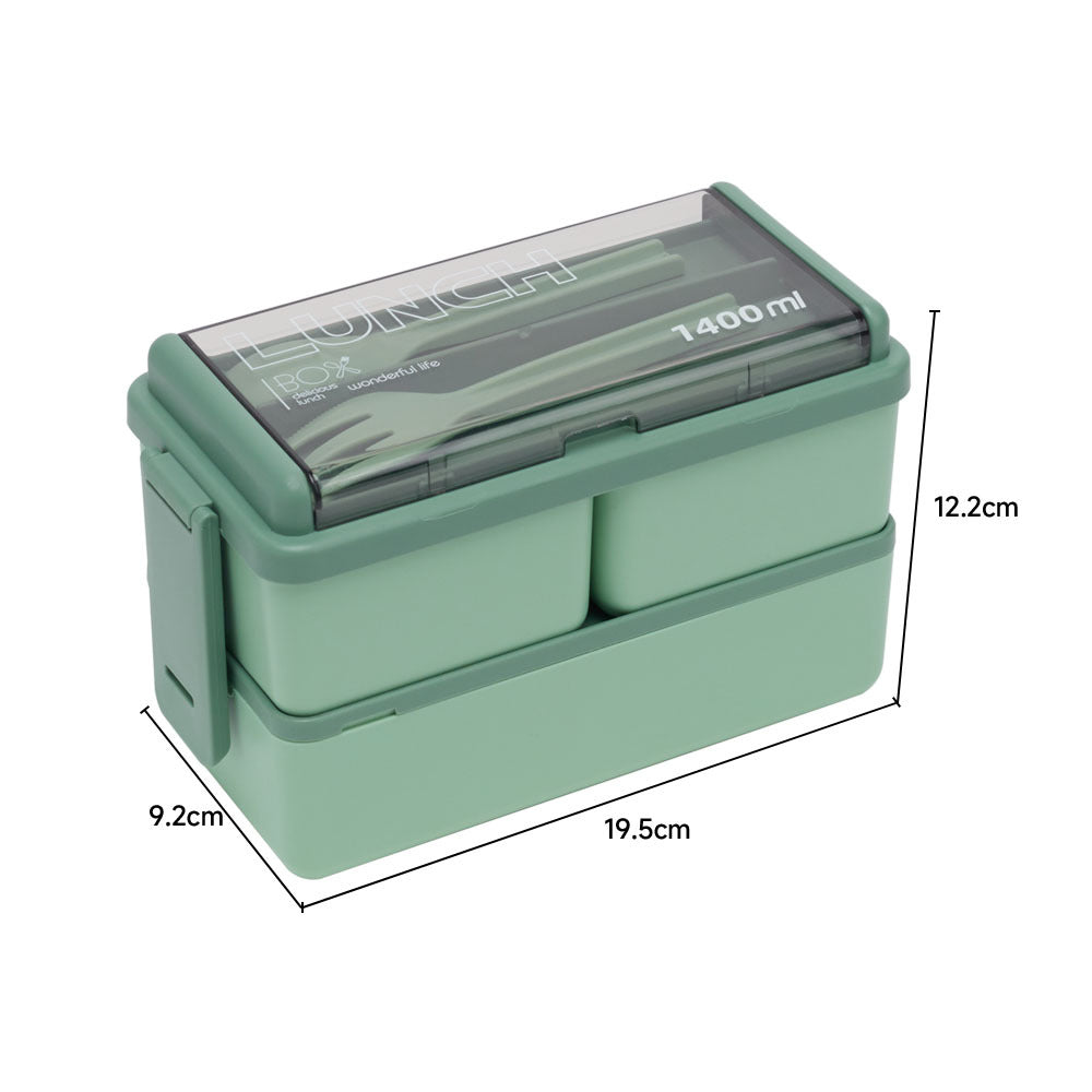 Dual-Layer Plastic Bento Lunch Box with Cutlery