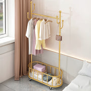 Rolling Metal Garment Rack with Basket and Hooks