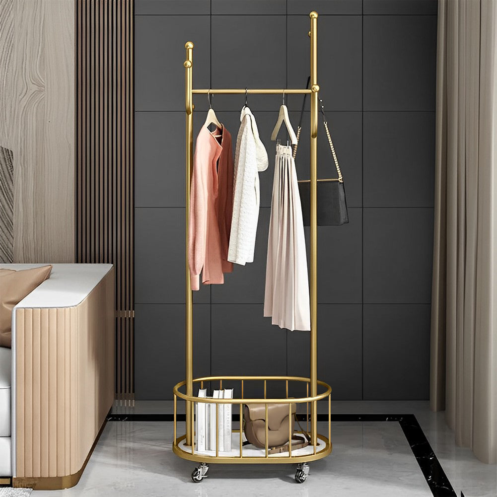 Rolling Metal Garment Rack with Basket and Hooks