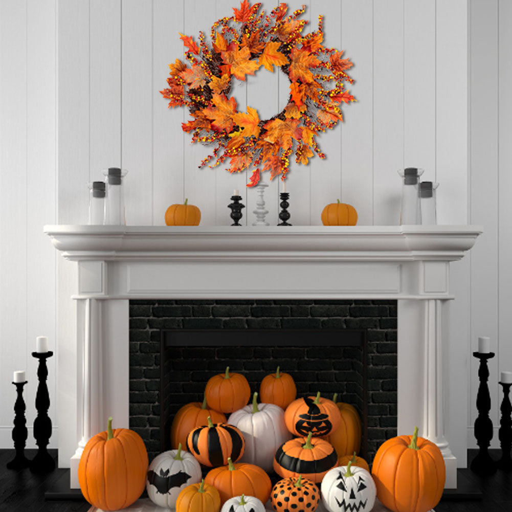 Artificial Maple Leaves Wreath with Berries Harvest Halloween Decor