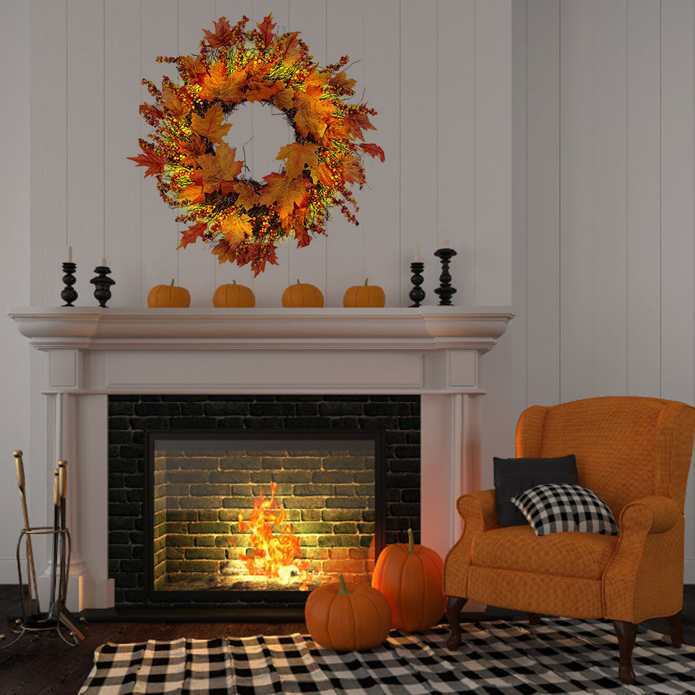 Artificial Maple Leaves Wreath with Berries Harvest Halloween Decor