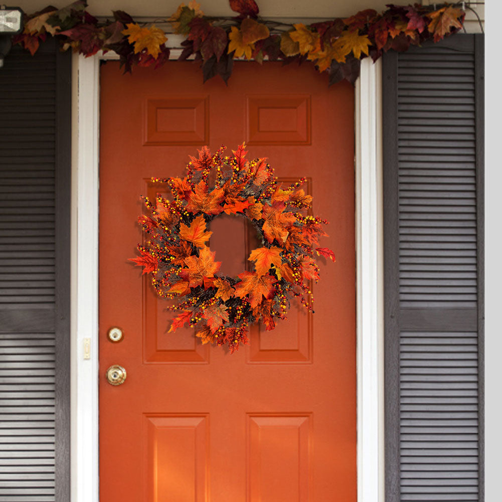 Artificial Maple Leaves Wreath with Berries Harvest Halloween Decor