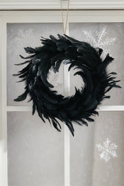 Black Feather Wreath with Lights for Halloween