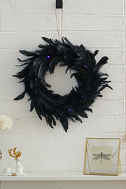 Black Feather Wreath with Lights for Halloween