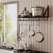 Kitchen Metal Shelves Saucepan Pan Pot Rack Storage Shelf with 10 Hooks Wall Mounted