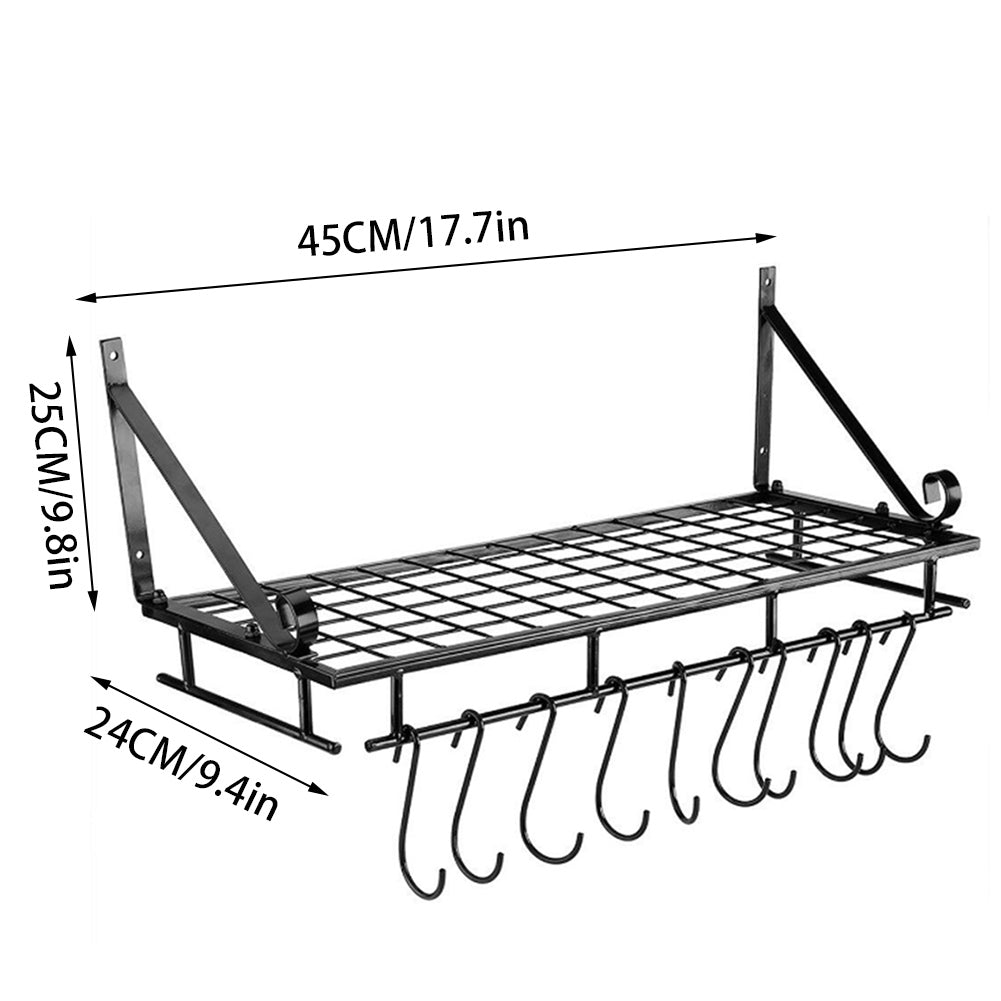 Kitchen Metal Shelves Saucepan Pan Pot Rack Storage Shelf with 10 Hooks Wall Mounted