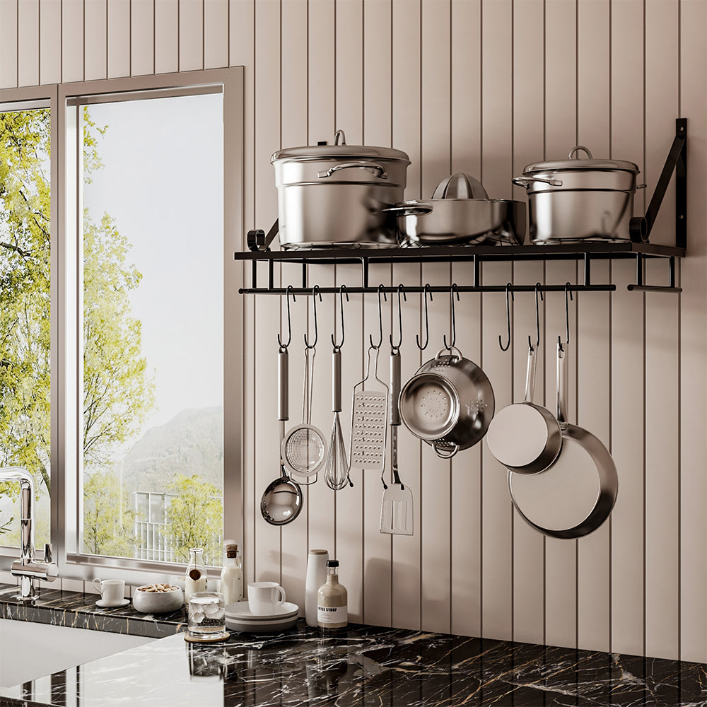 Kitchen Metal Shelves Saucepan Pan Pot Rack Storage Shelf with 10 Hooks Wall Mounted