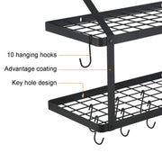 Wall-Mounted 2 Tiers Pan Rack Pot Holders Storage with 10 Hooks Black