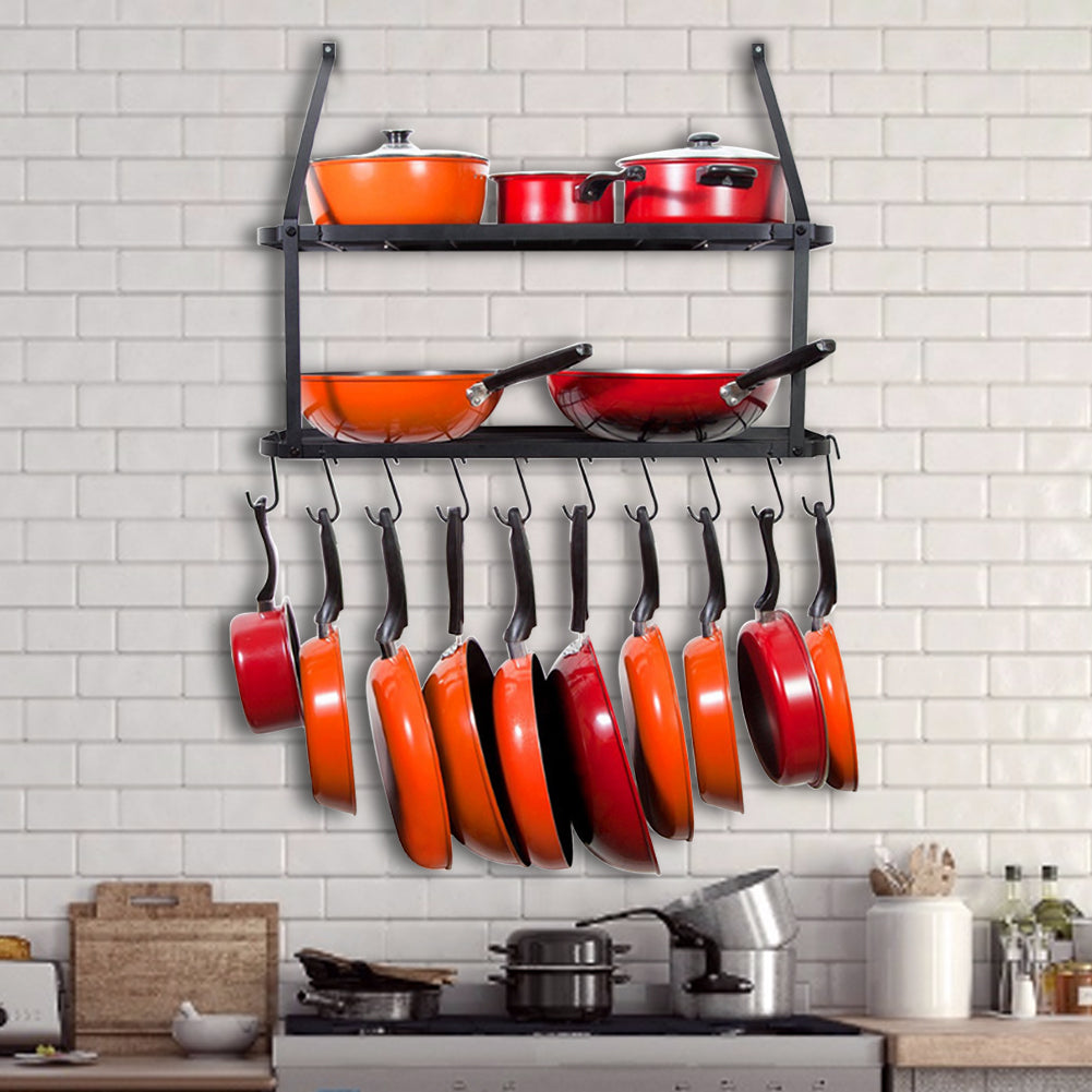 Wall-Mounted 2 Tiers Pan Rack Pot Holders Storage with 10 Hooks Black