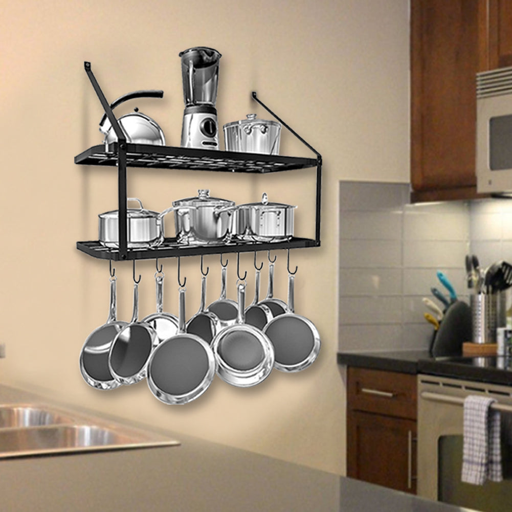 Wall-Mounted 2 Tiers Pan Rack Pot Holders Storage with 10 Hooks Black