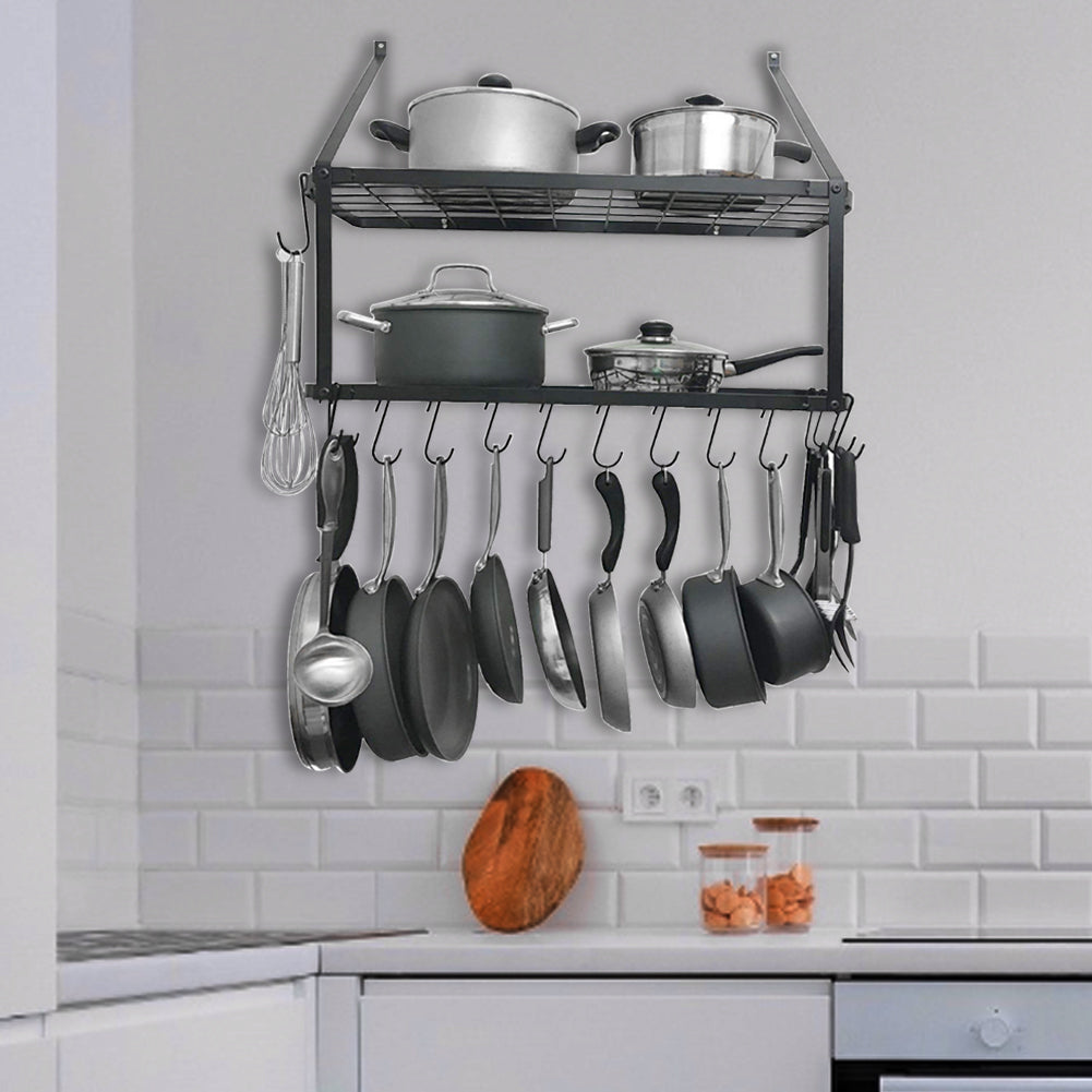 Wall-Mounted 2 Tiers Pan Rack Pot Holders Storage with 10 Hooks Black