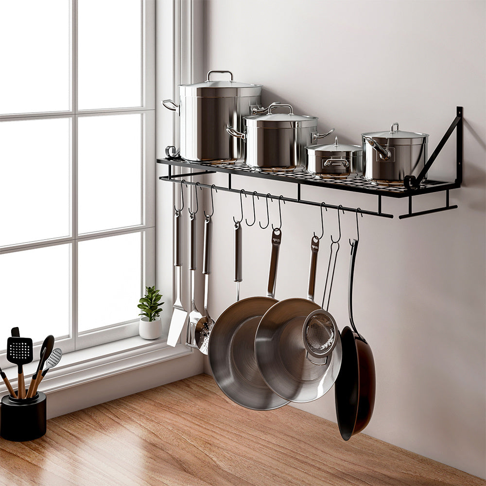 Kitchen Metal Shelves Saucepan Pan Pot Rack Storage Shelf with 10 Hooks Wall Mounted