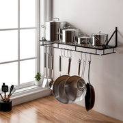 Kitchen Metal Shelves Saucepan Pan Pot Rack Storage Shelf with 10 Hooks Wall Mounted