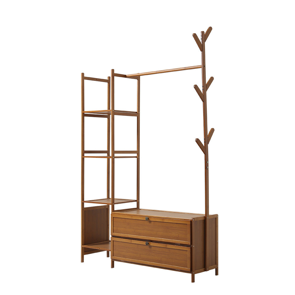 Freestanding Bamboo Clothes Rack with Storage Shelves