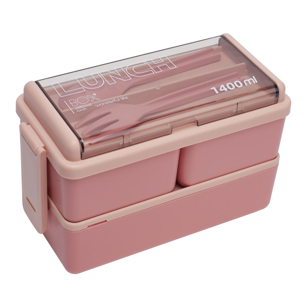 Dual-Layer Plastic Bento Lunch Box with Cutlery