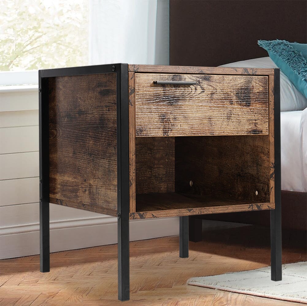 Retro Industrial-style Bedside Table Nightstand with Drawer & Open Front Storage Compartment, DM0370 Cabinets Living and Home 