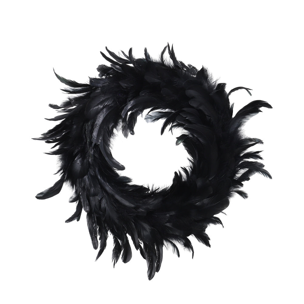 Black Feather Wreath with Lights for Halloween