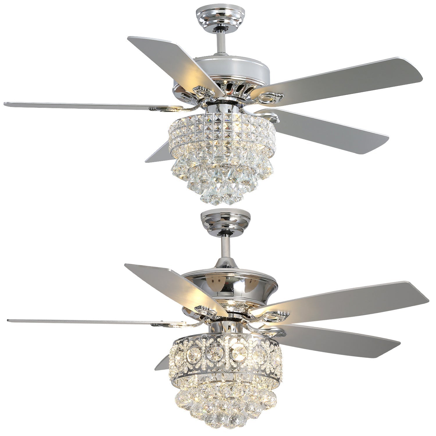 Chrome Ceiling Fan 5 Blades LED Crystal Chandelier & Remote Control 52Inch Ceiling Light Living and Home 