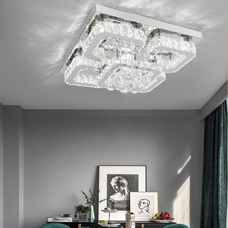 Square LED Ceiling Light with Crystal Heads Ceiling Light Living and Home W 50 x L 50 x H 21 cm Non-Dimmable White Glow