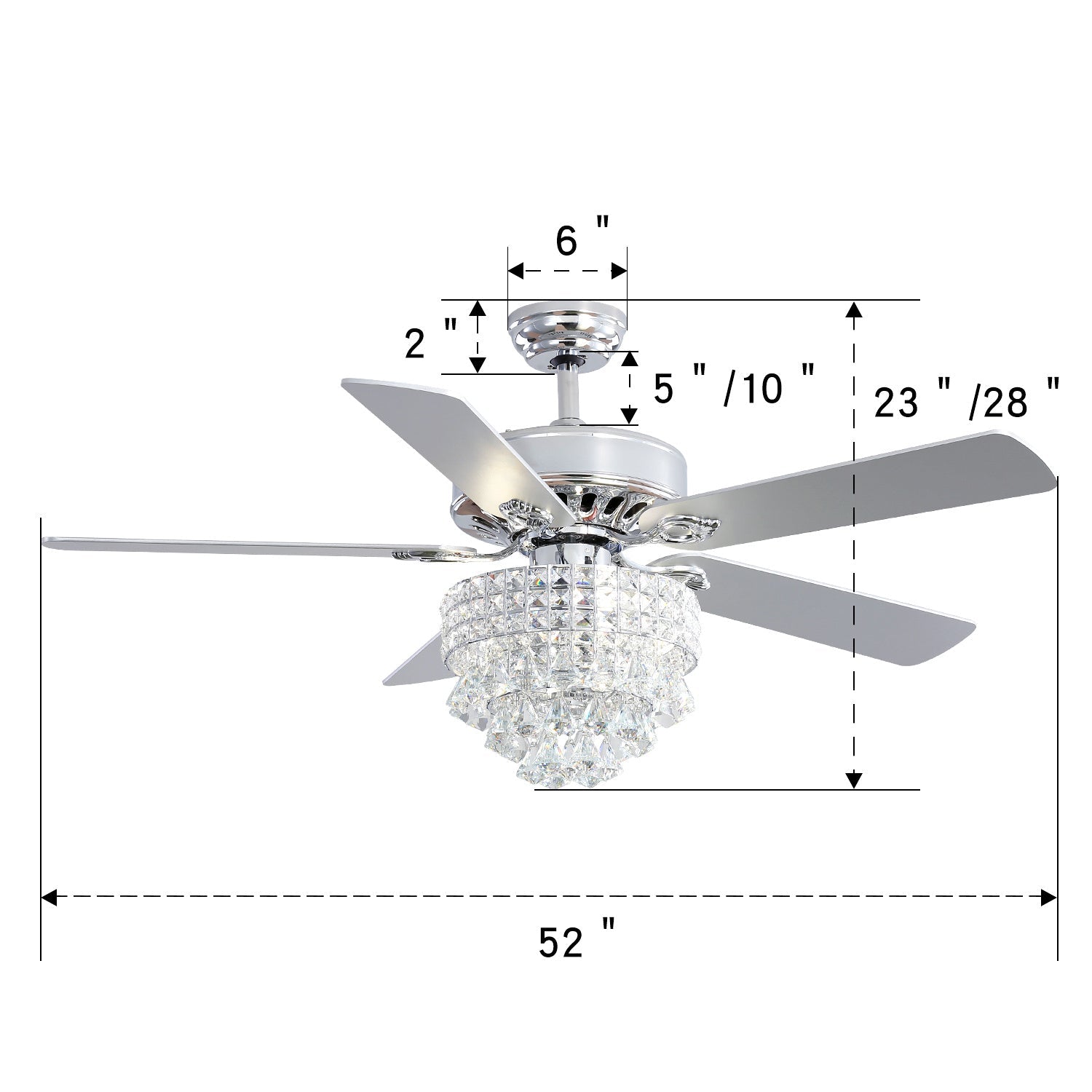 Chrome Ceiling Fan 5 Blades LED Crystal Chandelier & Remote Control 52Inch Ceiling Light Living and Home 