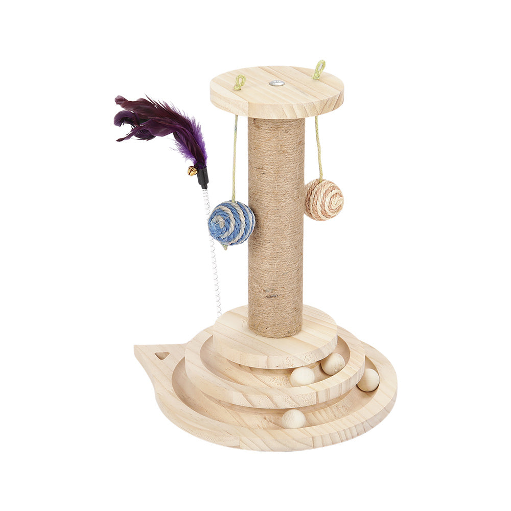 Wooden Tall Cat Scratching Post with Cat Toy Ball Track and Spring Toy