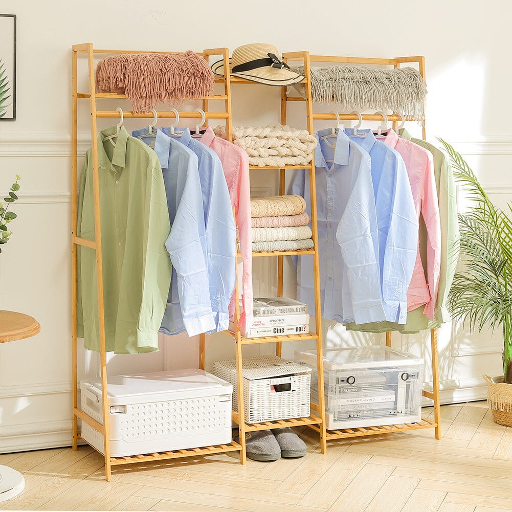 Bamboo Trapezoid Multi-Functional Clothing Hanging Rack with 5-Tier Storage Shelves Shelves & Racks Living and Home 