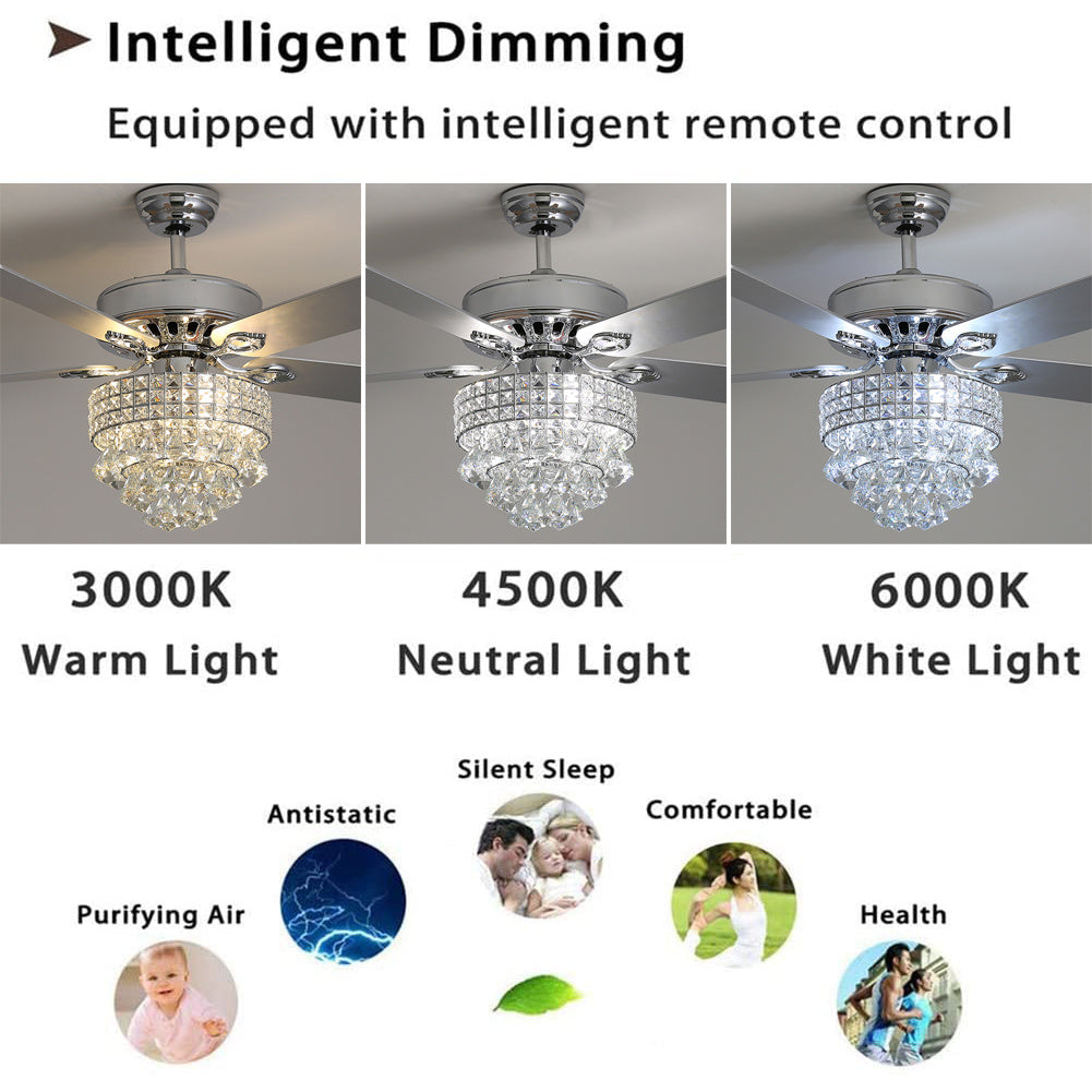 Chrome Ceiling Fan 5 Blades LED Crystal Chandelier & Remote Control 52Inch Ceiling Light Living and Home 