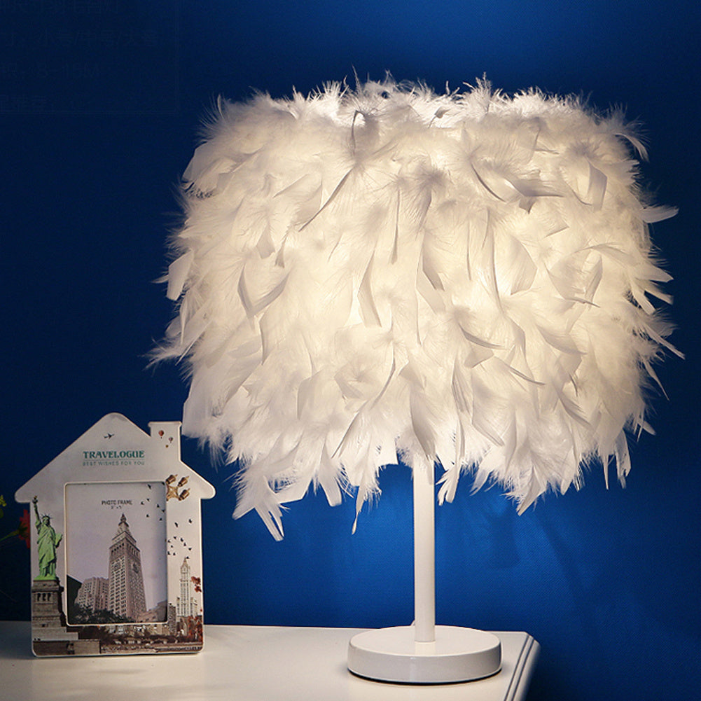 LED Table Lamp with Feather Lampshade Bedside Light Living and Home 