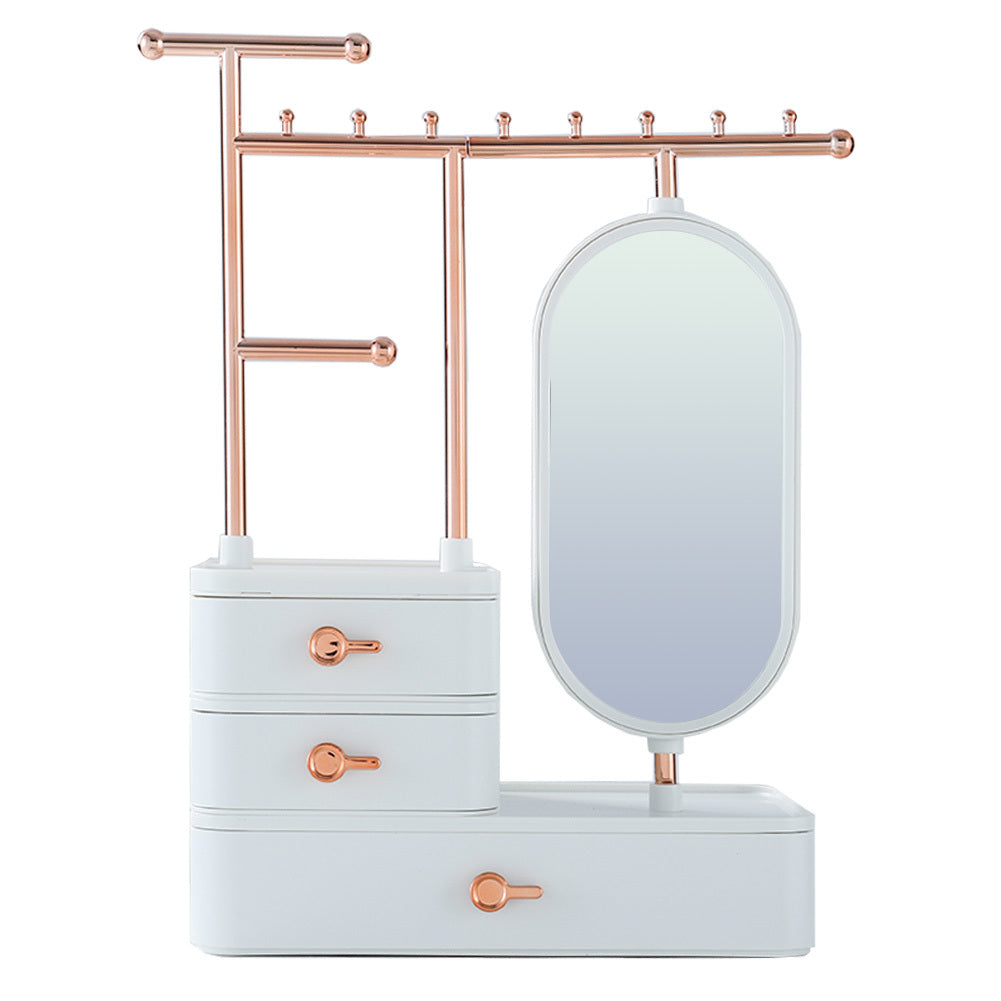 Jewelry Organizer with Rotating Mirror, Makeup Storage Box with Hanging Rod Necklace Earring Display, SW0345