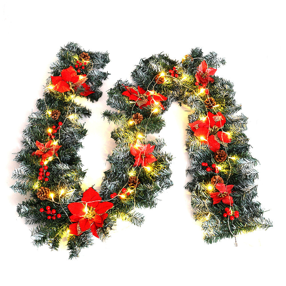 2.7m Christmas Rattan Garland Ornaments With 50 LED Light Xma Stairs Fireplaces Seasonal & Holiday Decorations Living and Home Red Flower 