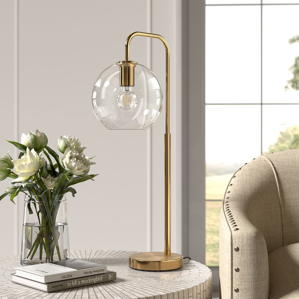 Gold Arc LED Table Lamp with Glass Shade Table Lamps Living and Home 