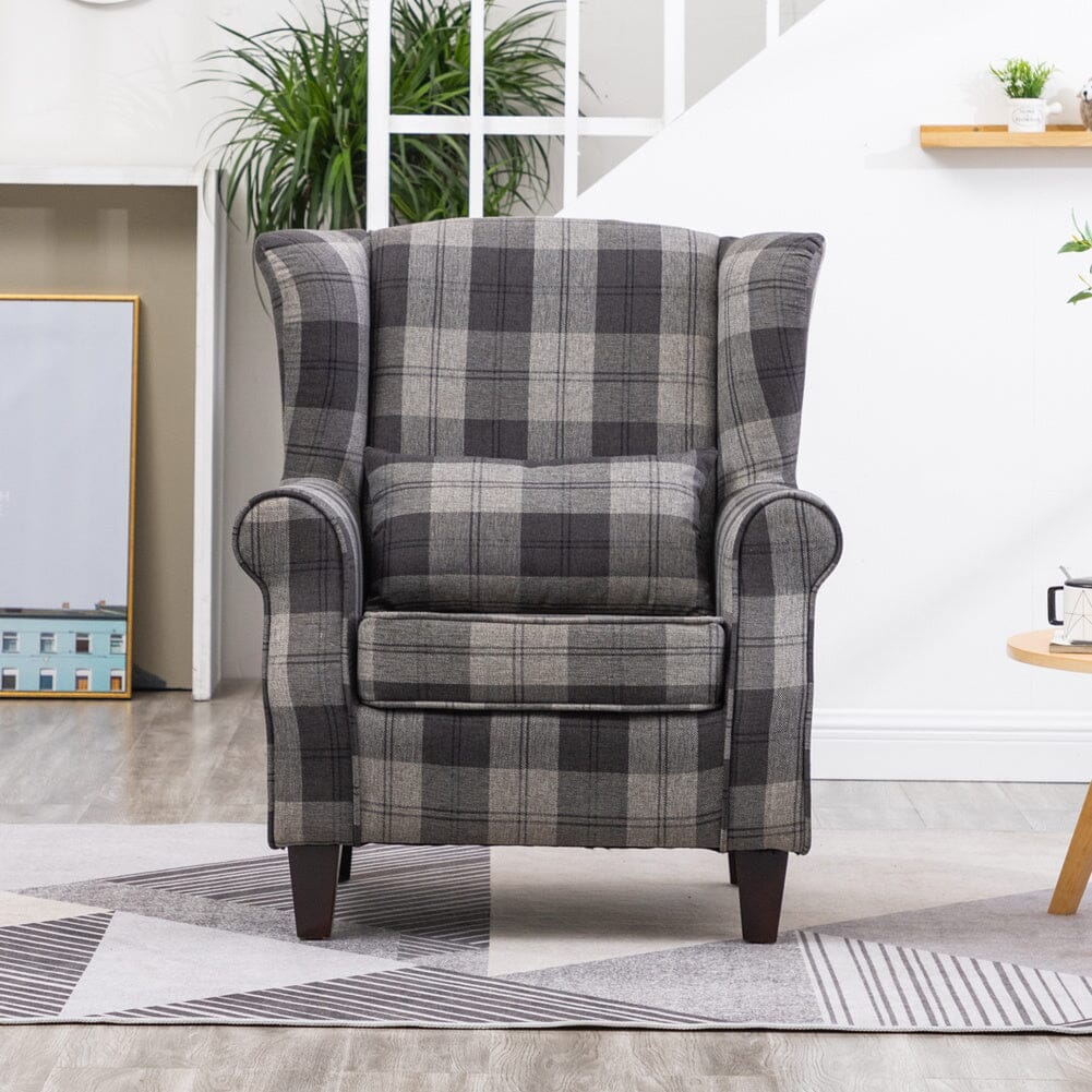 3.2ft Height Grey Checked Armchair Polyester Oswald for Livingroom Wingback Chairs Living and Home 