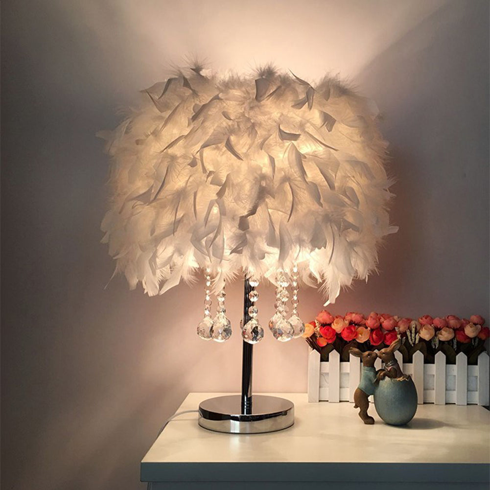 Fluffy Feather Table Lamp Bedside Nightstand Lamp with Crystal Decor Table Lamps Living and Home 