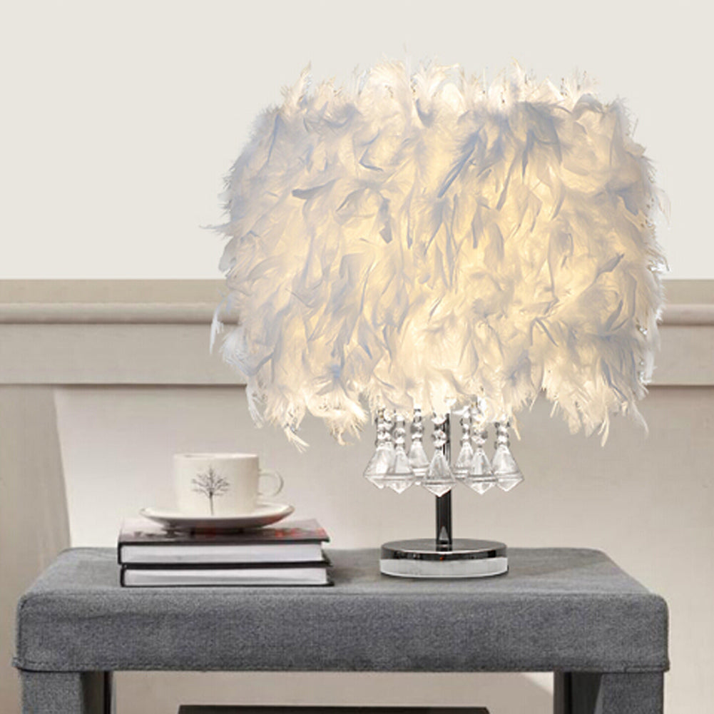 Fluffy Feather Table Lamp Bedside Nightstand Lamp with Crystal Decor Table Lamps Living and Home 