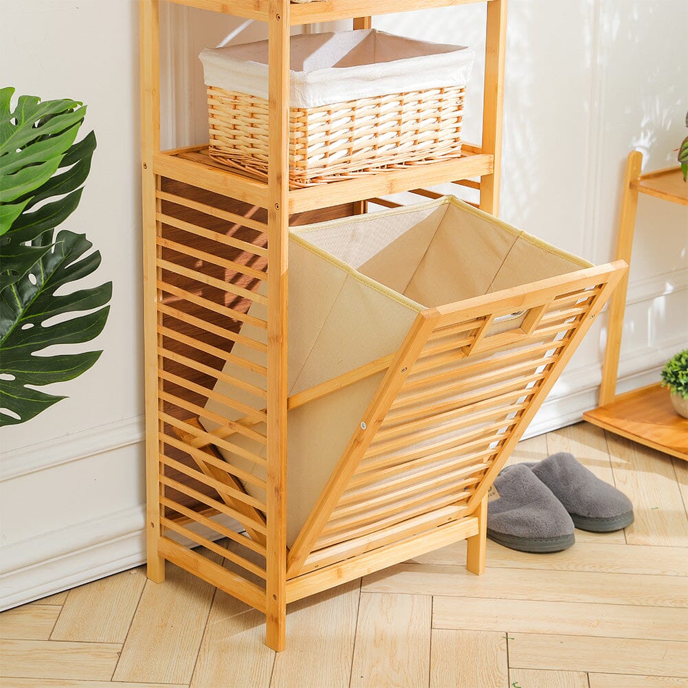 3/4 Tier Bamboo Laundry Basket Dirty Hanger Bottom With Liner Pockets Laundry Baskets Living and Home 