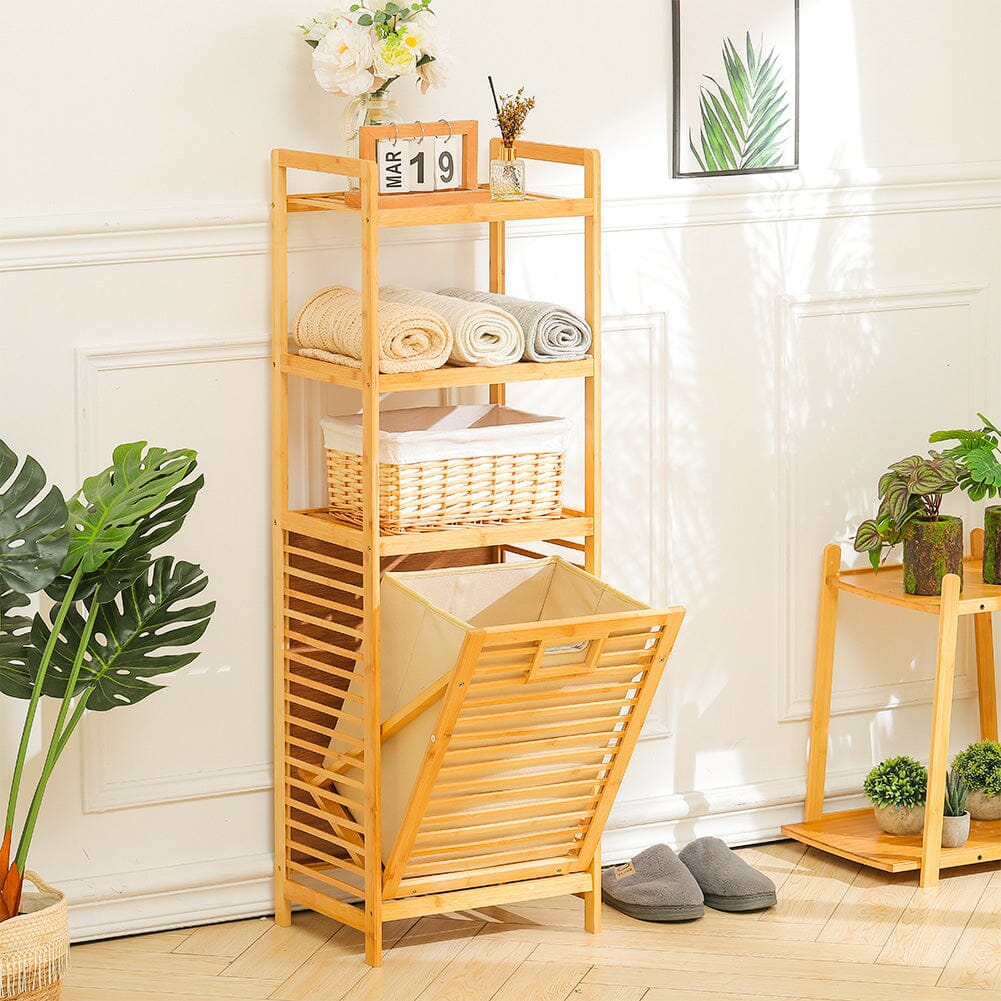 3/4 Tier Bamboo Laundry Basket Dirty Hanger Bottom With Liner Pockets Laundry Baskets Living and Home 