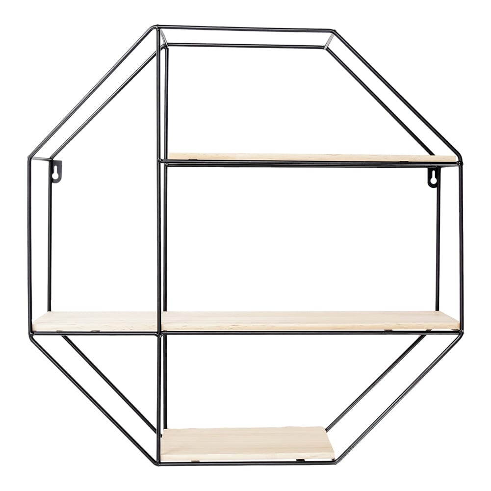 Black Octagonal Metal Floating Wall Display Wood Shelf Shelves & Racks Living and Home 