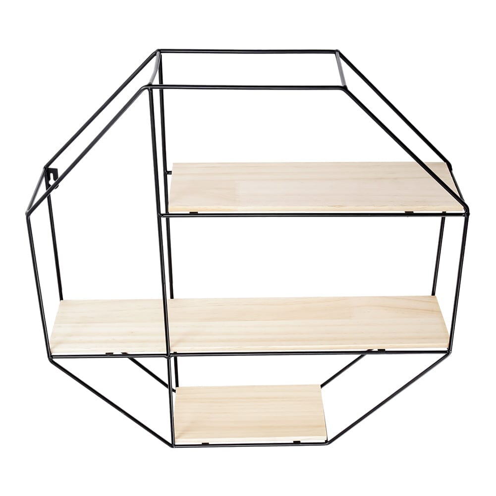 Black Octagonal Metal Floating Wall Display Wood Shelf Shelves & Racks Living and Home 