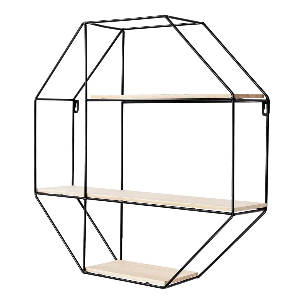 Black Octagonal Metal Floating Wall Display Wood Shelf Shelves & Racks Living and Home 