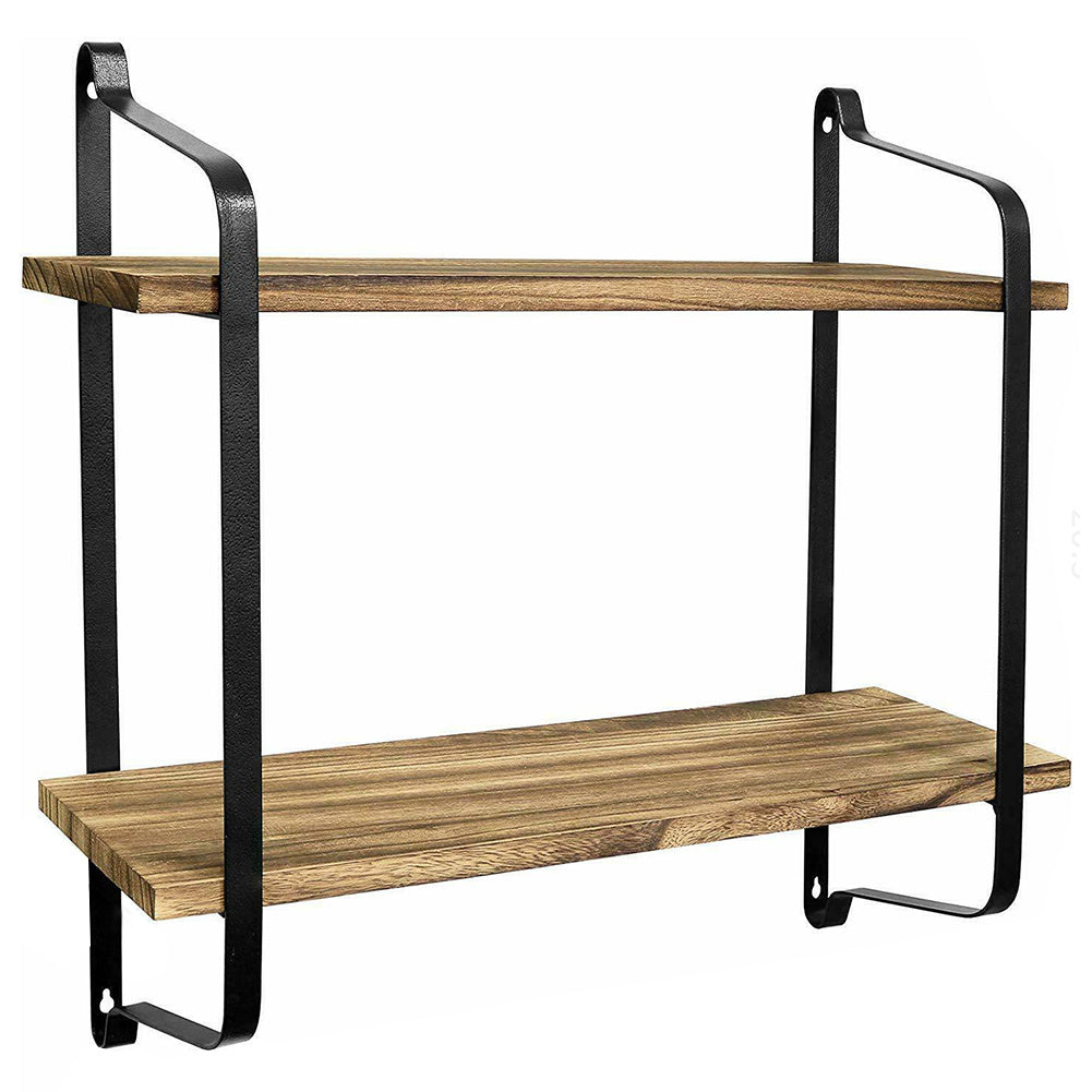 2 Tiers Industrial Style Wall Mounted Metal Wire Wooden Floating Shelf Storage Display Rack Tidy Organizer