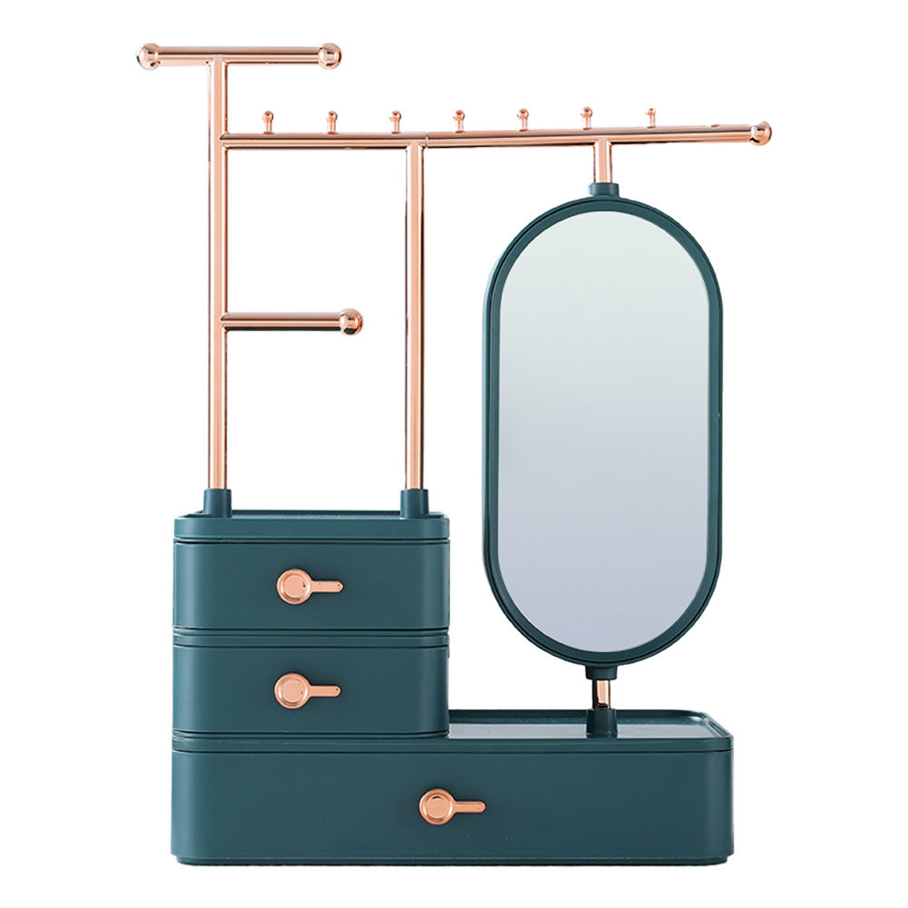 Jewelry Organizer with Rotating Mirror, Makeup Storage Box with Hanging Rod Necklace Earring Display, SW0345